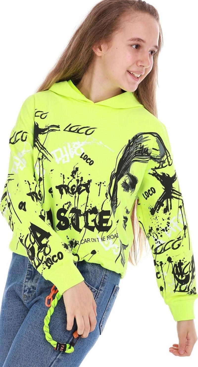 Kız Çocuk Loco Yazılı Resim Desenli Crop Model Kapüşonlu Neon Sarı Renk Sweatshirt