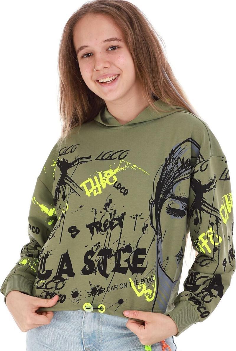 Kız Çocuk Loco Yazılı Resim Desenli Crop Model Kapüşonlu Haki Renk Sweatshirt