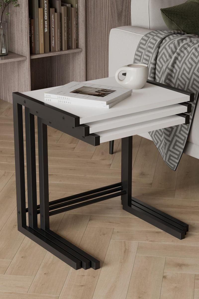 Bronte 3 Lü Zigon Sehpa, Metal Zigon Sehpa Beyaz