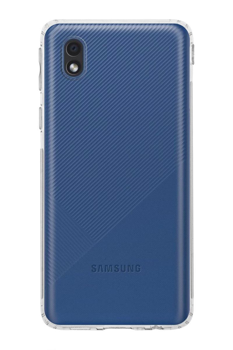 KZY İletişim Samsung Galaxy A01 Core Kapak Kamera Korumalı Tıpalı Şeffaf Silikon Kılıf