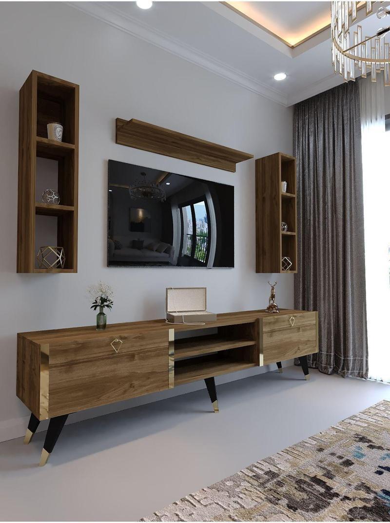 Festival  G3009-2 Cevi̇z - Color Gold Detaylı Minifiks Bağlantı Tv Sehpası Ve Duvar Rafı