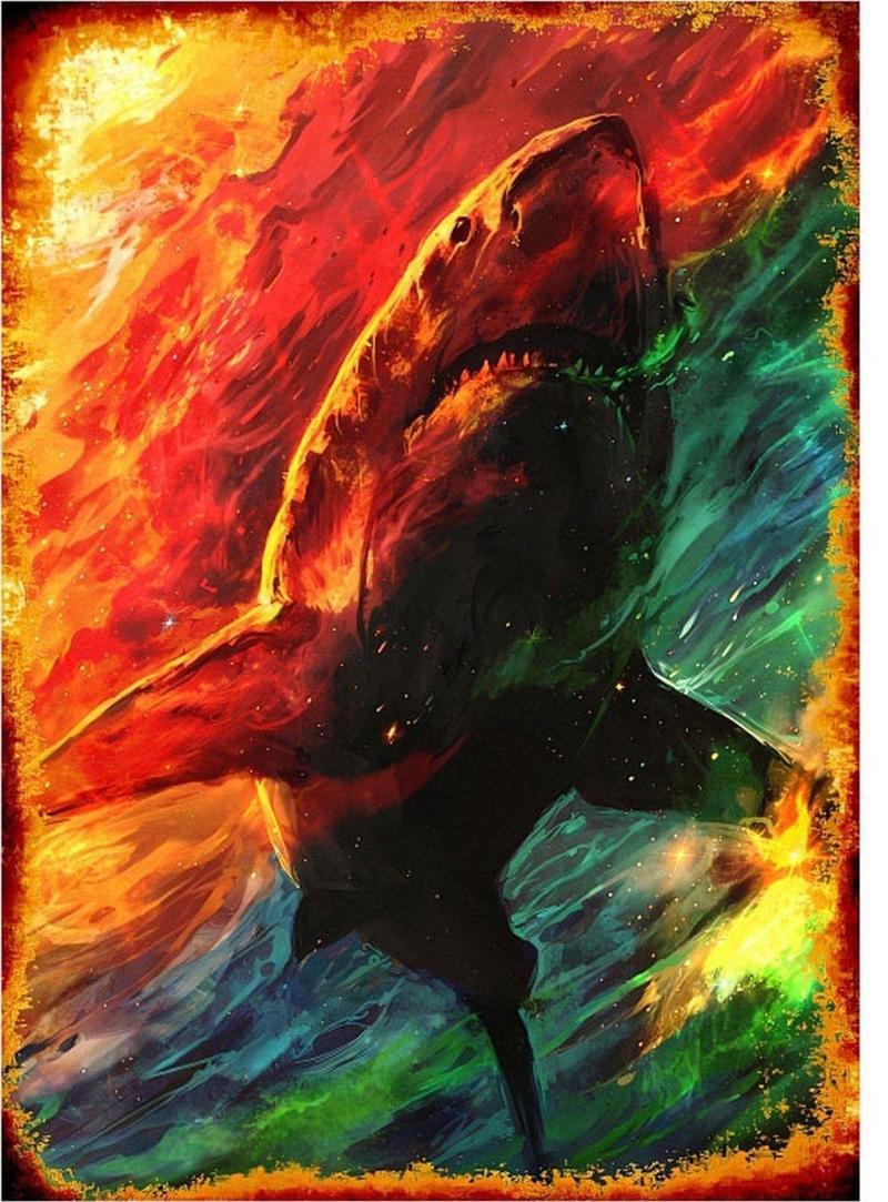 Renkli Köpek Balığı Art Mdf Tablo 35 cm x 50 cm