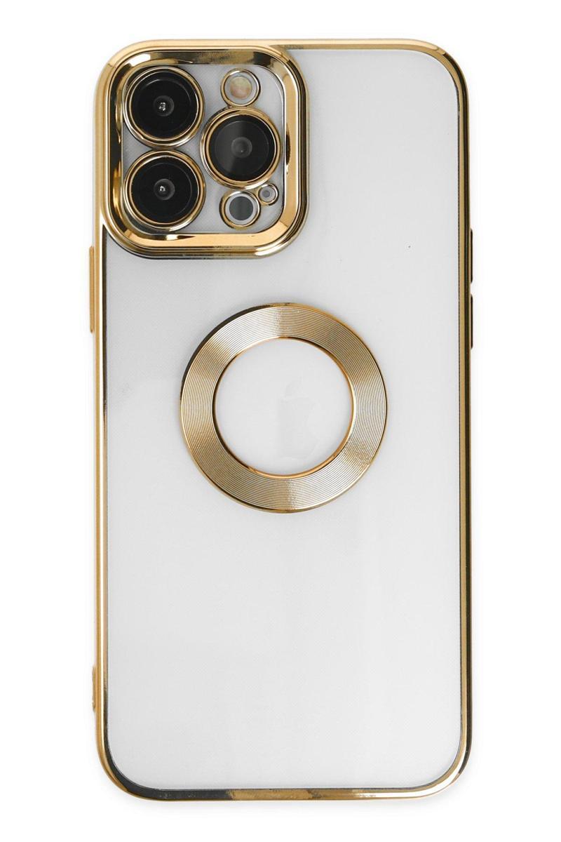 KZY İletişim Apple iPhone 13 Pro Kapak Yanları Renkli Lens Korumalı Logo Gösteren Şeffaf Luxury Kılıf - Gold