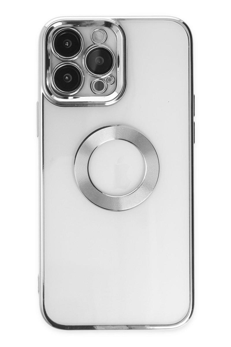 KZY İletişim Apple iPhone 13 Pro Kapak Yanları Renkli Lens Korumalı Logo Gösteren Şeffaf Luxury Kılıf - Gri