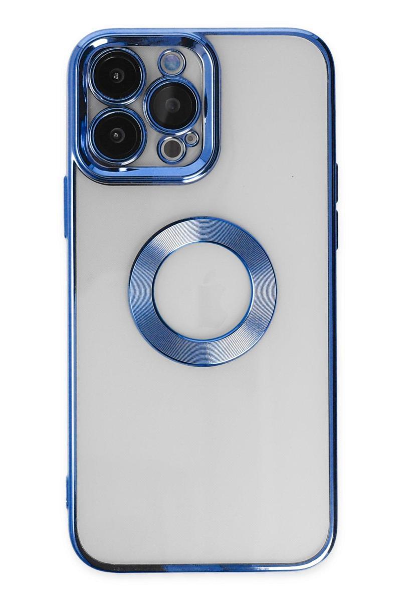 KZY İletişim Apple iPhone 13 Pro Kapak Yanları Renkli Lens Korumalı Logo Gösteren Şeffaf Luxury Kılıf - Mavi