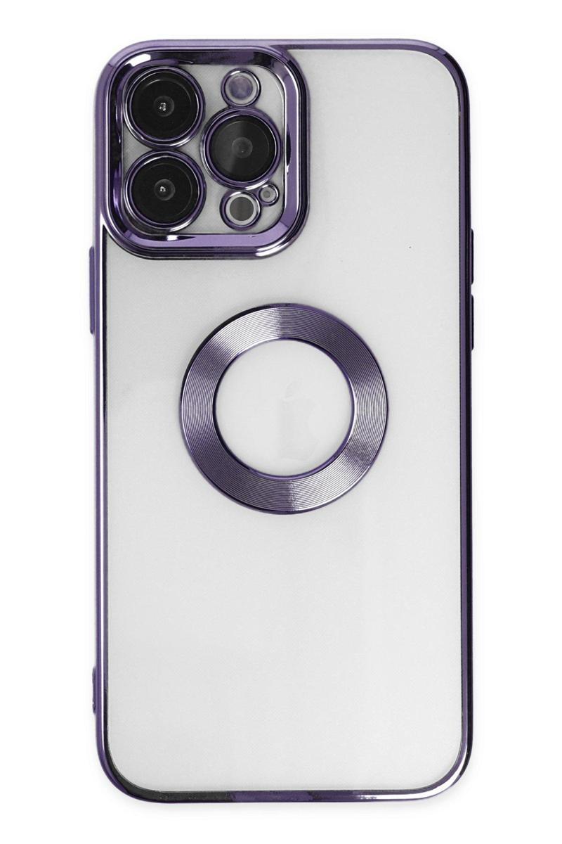 KZY İletişim Apple iPhone 13 Pro Kapak Yanları Renkli Lens Korumalı Logo Gösteren Şeffaf Luxury Kılıf - Mor