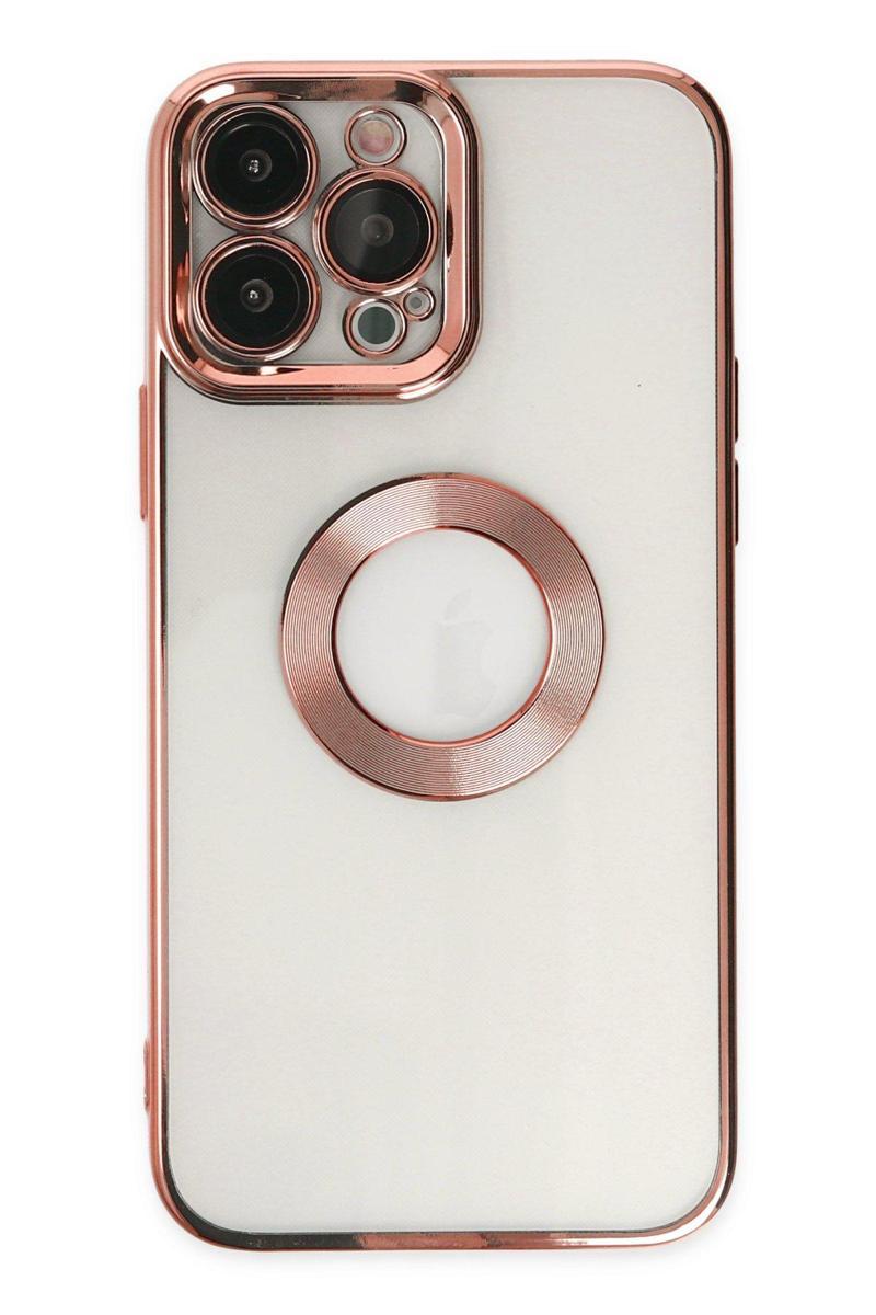 Kılıfmania Apple iPhone 13 Pro Kapak Yanları Renkli Lens Korumalı Logo Gösteren Şeffaf Luxury Kılıf - Rose Gold