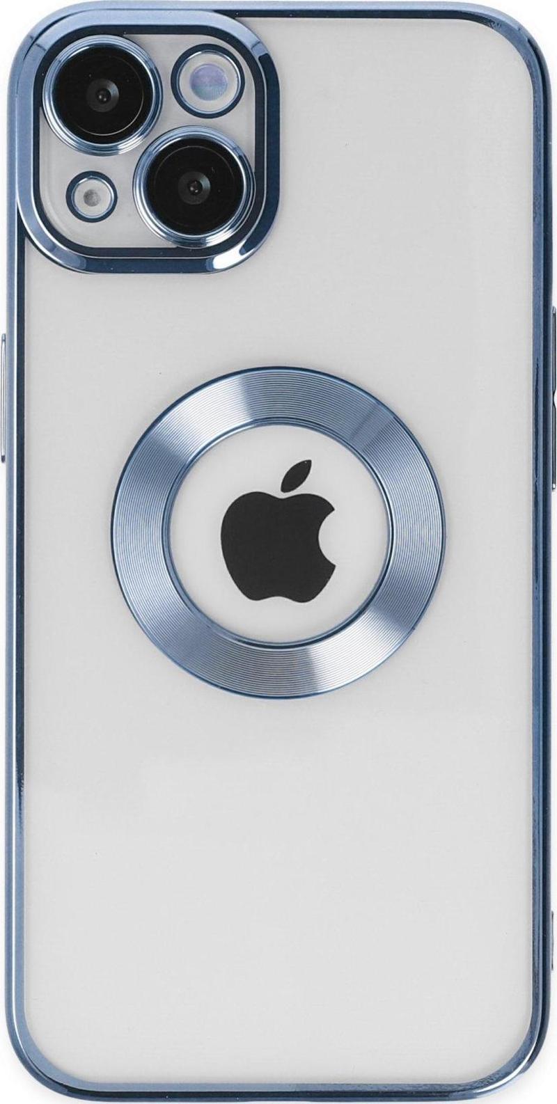 Apple iPhone 14 Plus Kapak Renkli Lens Korumalı Logo Gösteren Şeffaf Luxury Kılıf - Açık Mavi