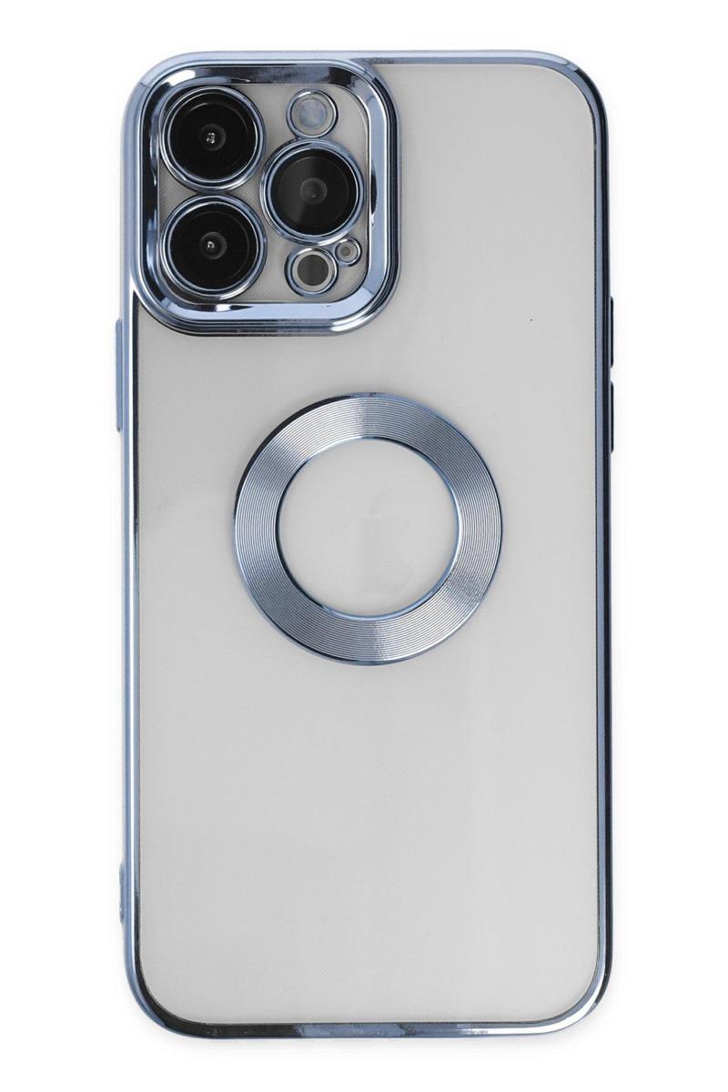 KZY İletişim Apple iPhone 14 Pro Kapak Yanları Renkli Lens Korumalı Logo Gösteren Şeffaf Luxury Kılıf - Açık Mavi