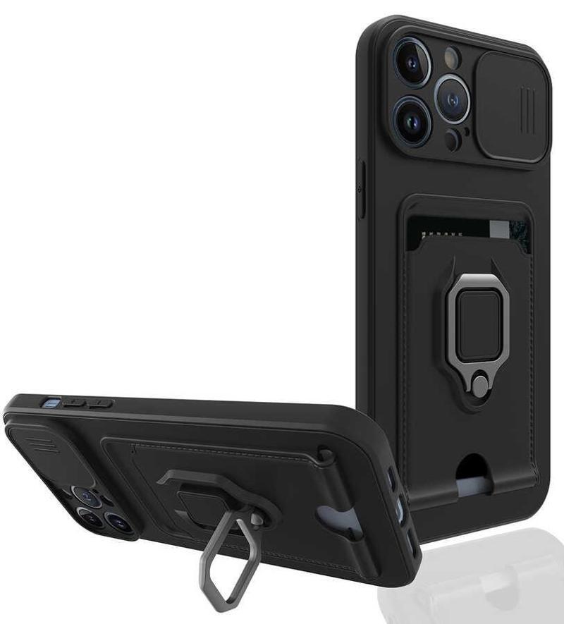 KZY İletişim Apple iPhone 13 Pro Max Kılıf Lens Sürgülü Yüzüklü Manyetik Kartvizitli Silikon Kapak - Siyah