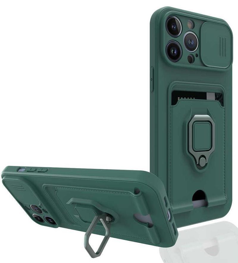 KZY İletişim Apple iPhone 13 Pro Max Kılıf Lens Sürgülü Yüzüklü Manyetik Kartvizitli Silikon Kapak - Yeşil