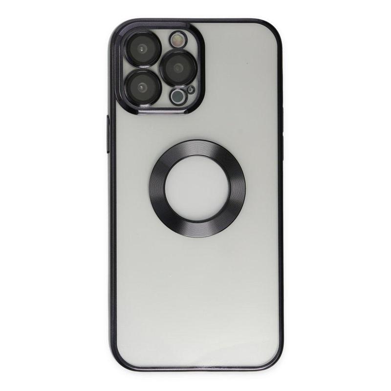 KZY İletişim Apple iPhone 14 Pro Max Kapak Yanları Renkli Lens Korumalı Logo Gösteren Şeffaf Luxury Kılıf - Siyah