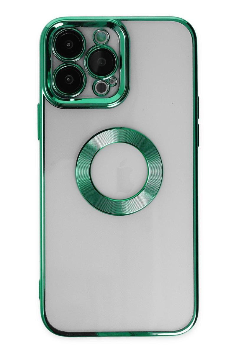 KZY İletişim Apple iPhone 14 Pro Max Kapak Yanları Renkli Lens Korumalı Logo Gösteren Şeffaf Luxury Kılıf - Yeşil