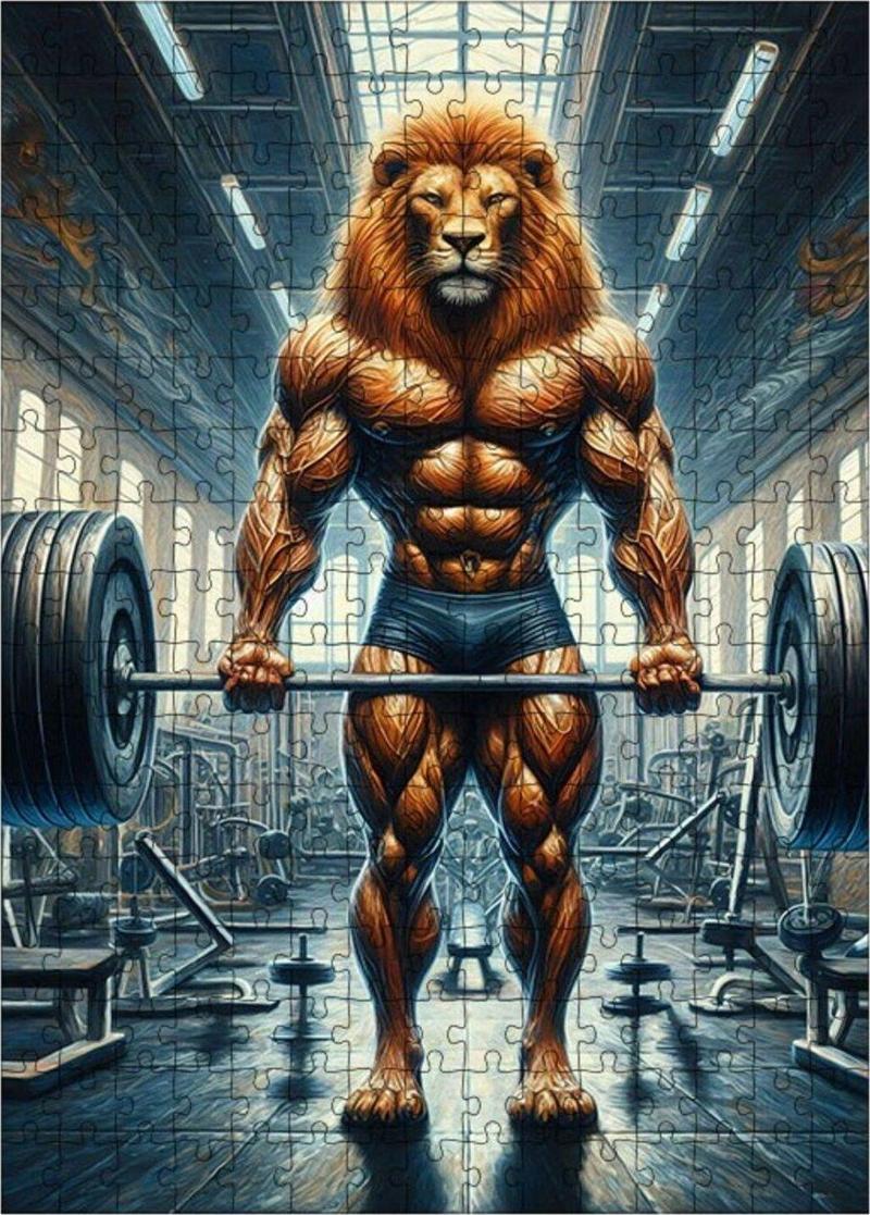 Ahşap Mdf Puzzle Yapboz Kaslı Aslan Halter Kaldırıyor 255 Parça 35 x 50 Cm