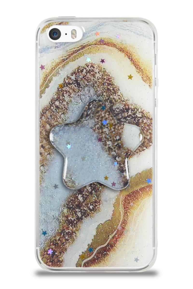 KZY İletişim Apple iPhone 5 SE Kapak Mermer Desenli Pop Socketli Silikon Kılıf - Gold