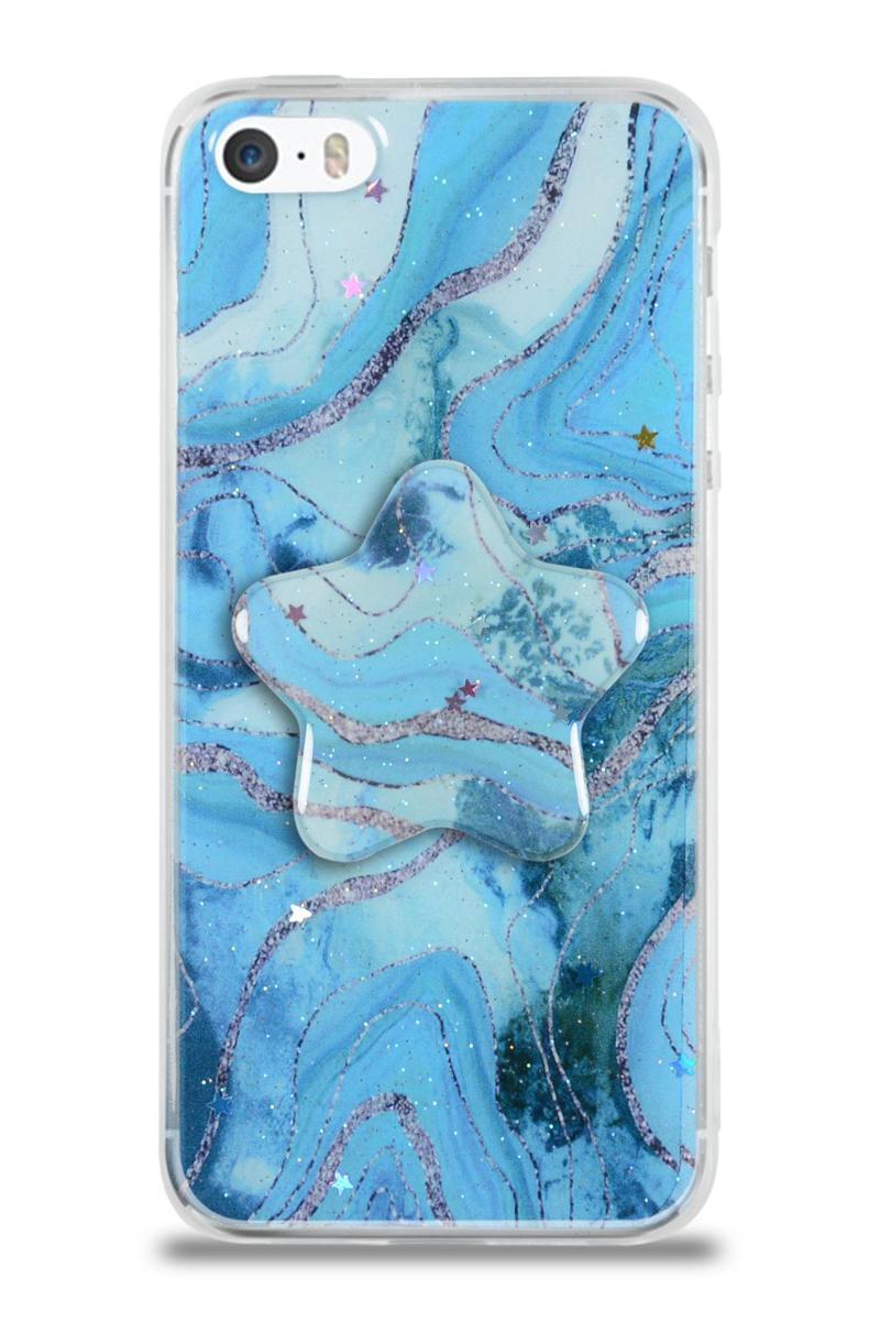 KZY İletişim Apple iPhone 5 SE Kapak Mermer Desenli Pop Socketli Silikon Kılıf - Mavi