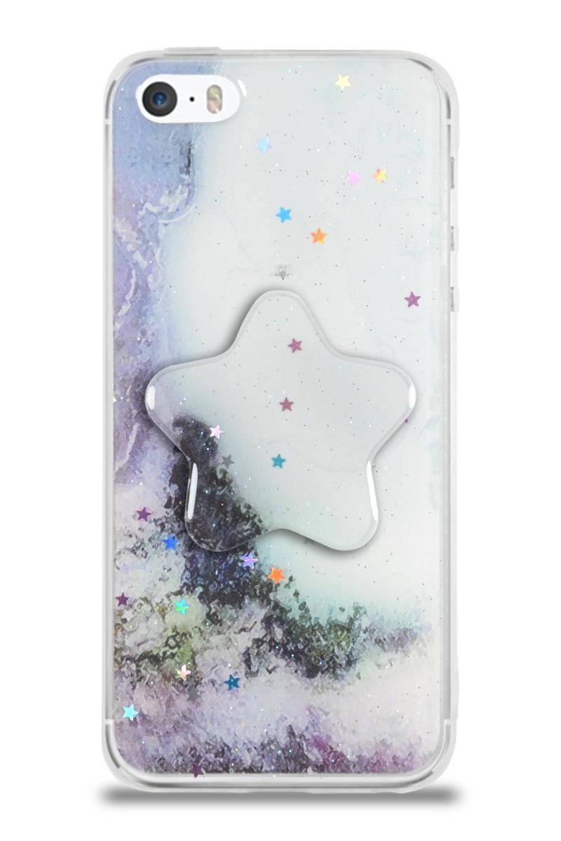 KZY İletişim Apple iPhone 5S Kapak Mermer Desenli Pop Socketli Silikon Kılıf - Beyaz