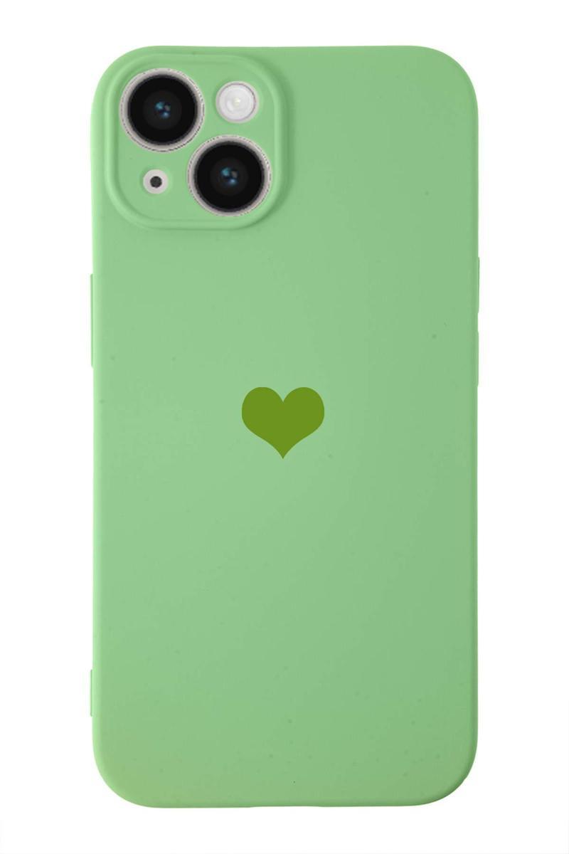 KZY İletişim Apple iPhone 14 ile uyumlu Kalp Logolu Kamera Korumalı İçi Kadife Lansman Kılıf - Yeşil