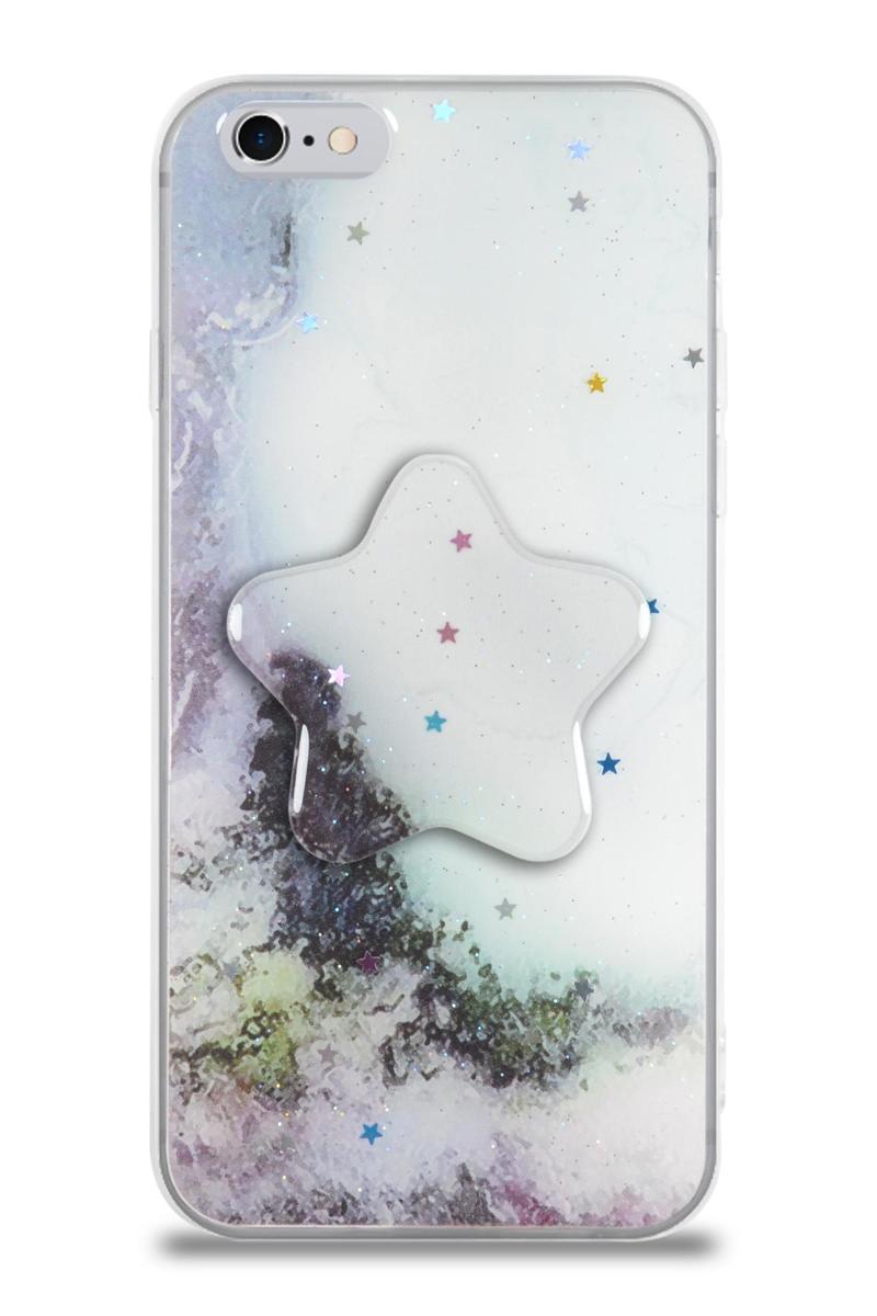 KZY İletişim Apple iPhone 6 Kapak Mermer Desenli Pop Socketli Silikon Kılıf - Beyaz