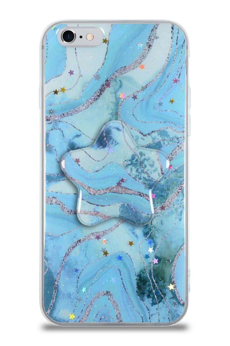 KZY İletişim Apple iPhone 6 Kapak Mermer Desenli Pop Socketli Silikon Kılıf - Mavi