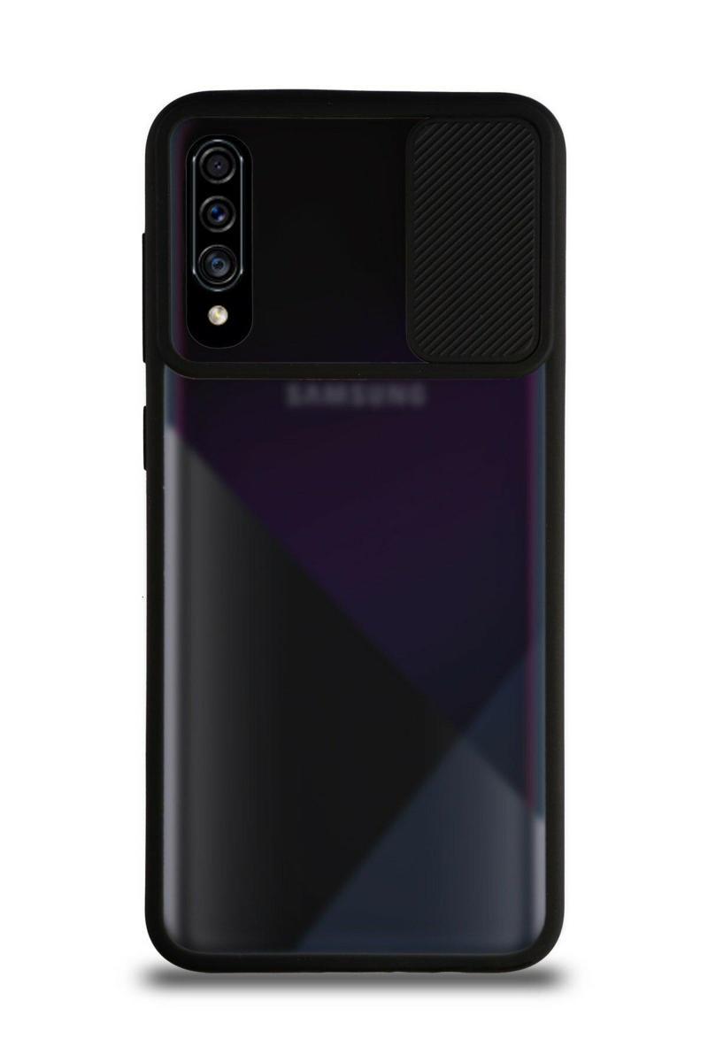 KZY İletişim Samsung Galaxy A70S Kapak Lensi Açılır Kapanır Kamera Korumalı Silikon Kılıf - Siyah
