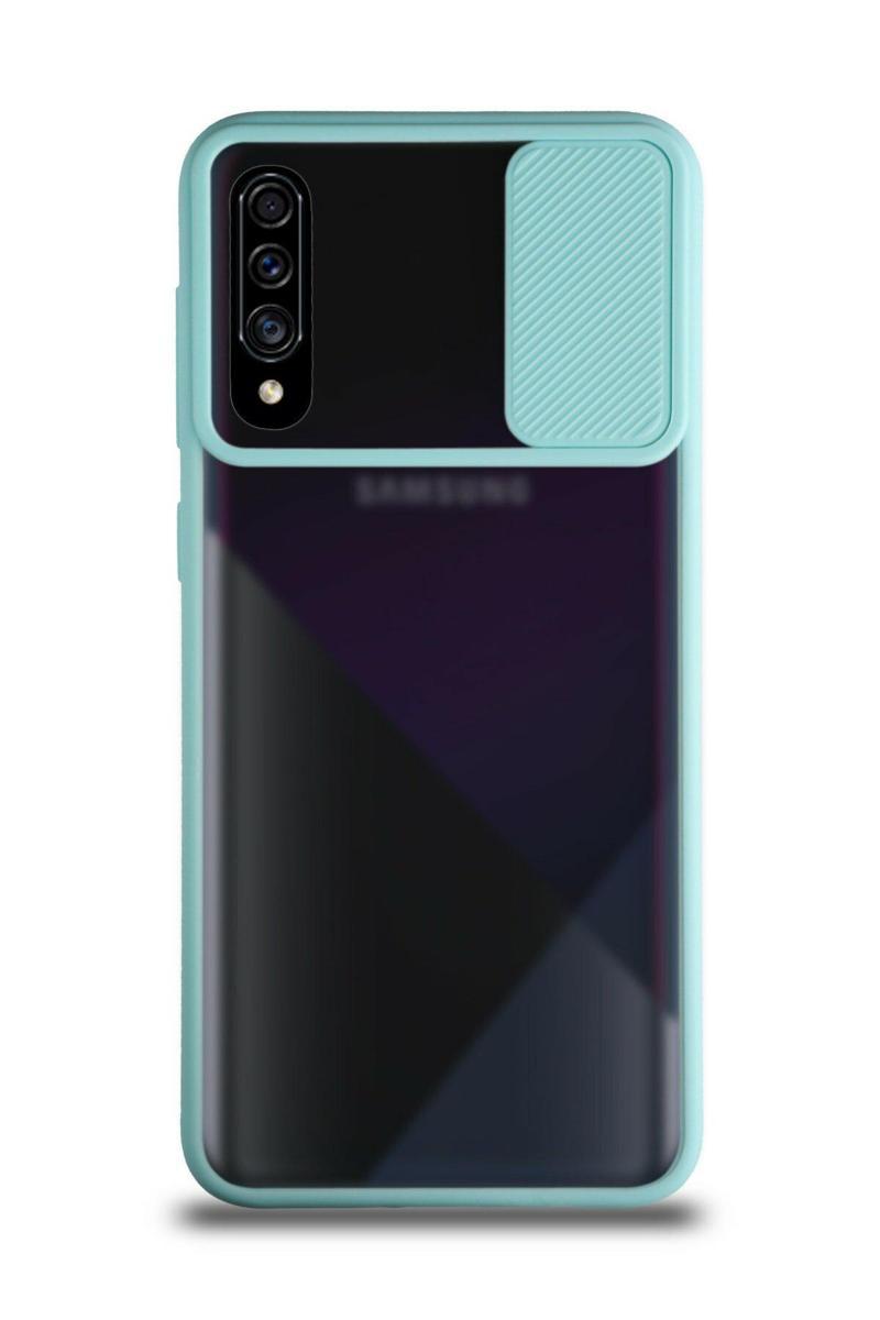 KZY İletişim Samsung Galaxy A70S Kapak Lensi Açılır Kapanır Kamera Korumalı Silikon Kılıf - Turkuaz