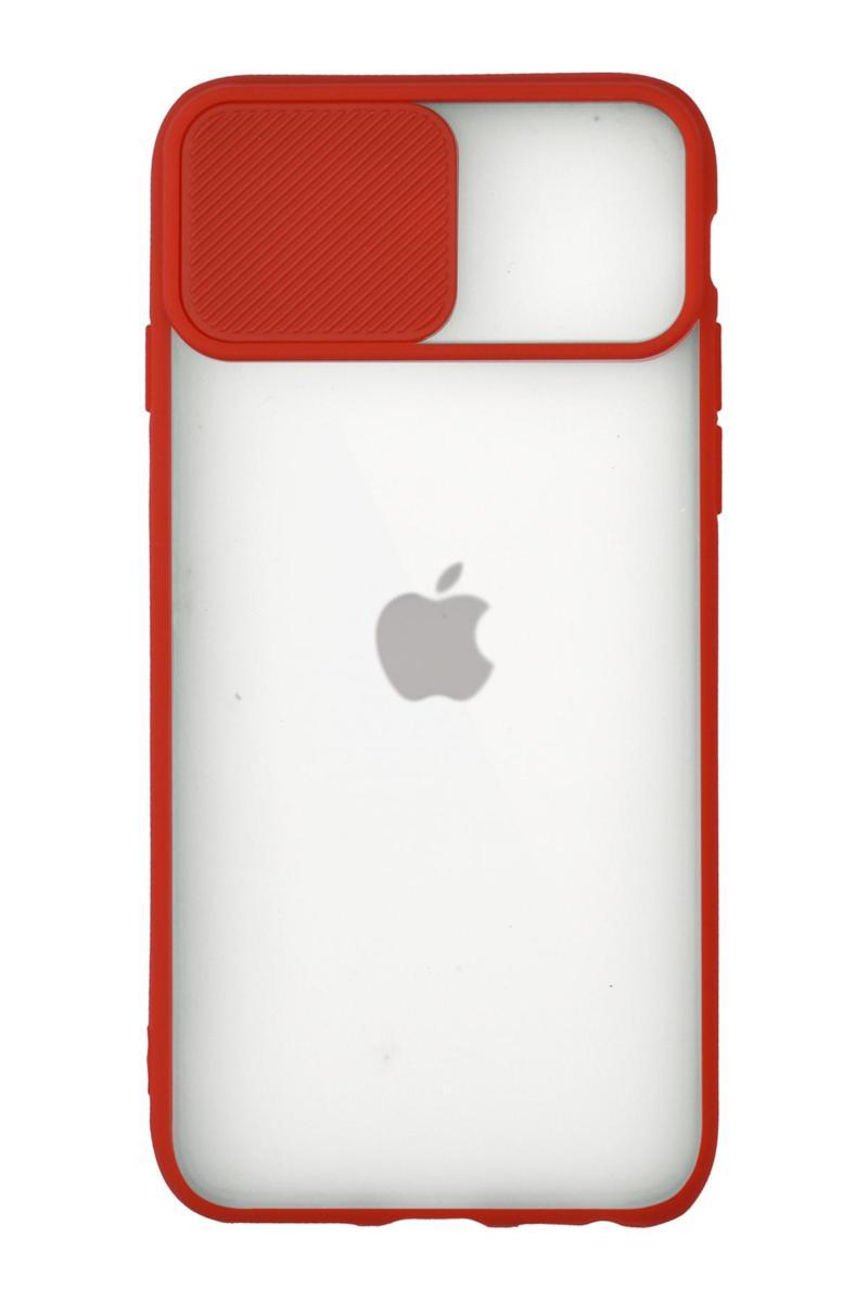 KZY İletişim Apple iPhone 8 Kapak Lensi Açılır Kapanır Kamera Korumalı Silikon Kılıf - Kırmızı