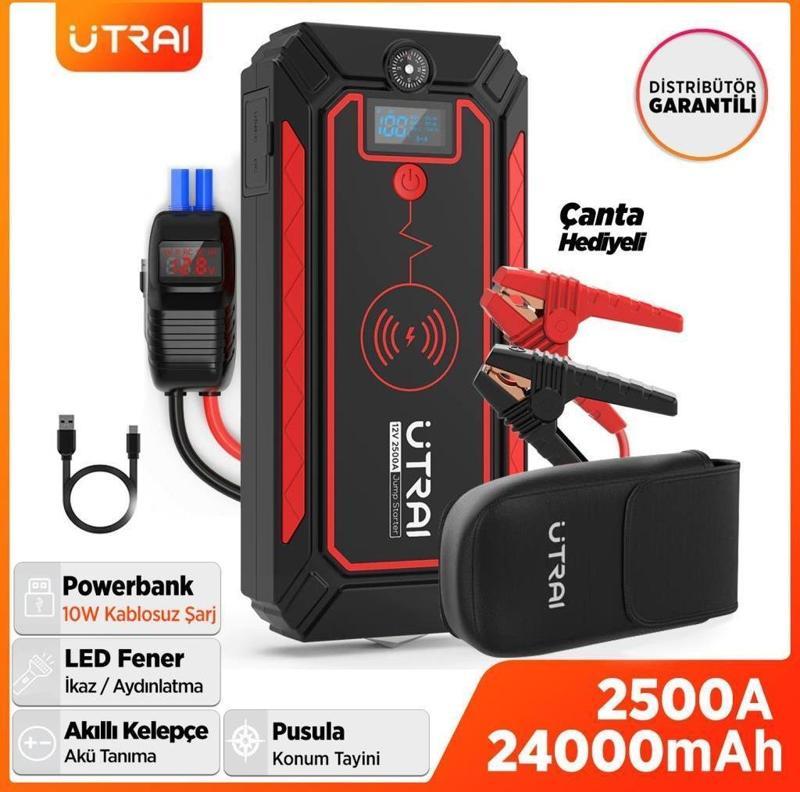 UTRAI Jstar 4 24000 mAh 2500A Jump Starter Taşınabilir Akü Takviye Cihazı Kablosuz Şarj+Pusula+Çanta+Led lamba+Powerbank