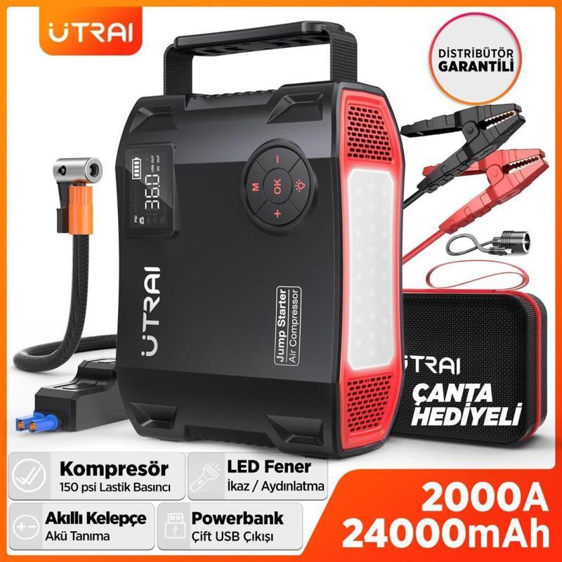 UTRAI Jstar 5 24000mAh 2000A Jump Starter +Lastik Şişirme Pompası Akü Takviye Cihazı Çanta+LCD Ekran+Powerbank+Led Lamba