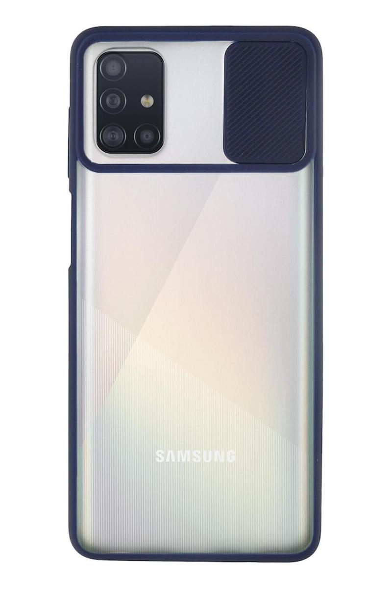 KZY İletişim Samsung Galaxy A71 Kapak Lensi Açılır Kapanır Kamera Korumalı Silikon Kılıf - Lacivert