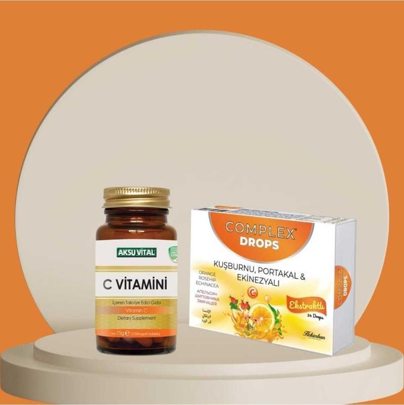 C Vitamini 60 Tablet Ve Kuşburnu & Portakal & Ekinezyalı Drops 24'Lü