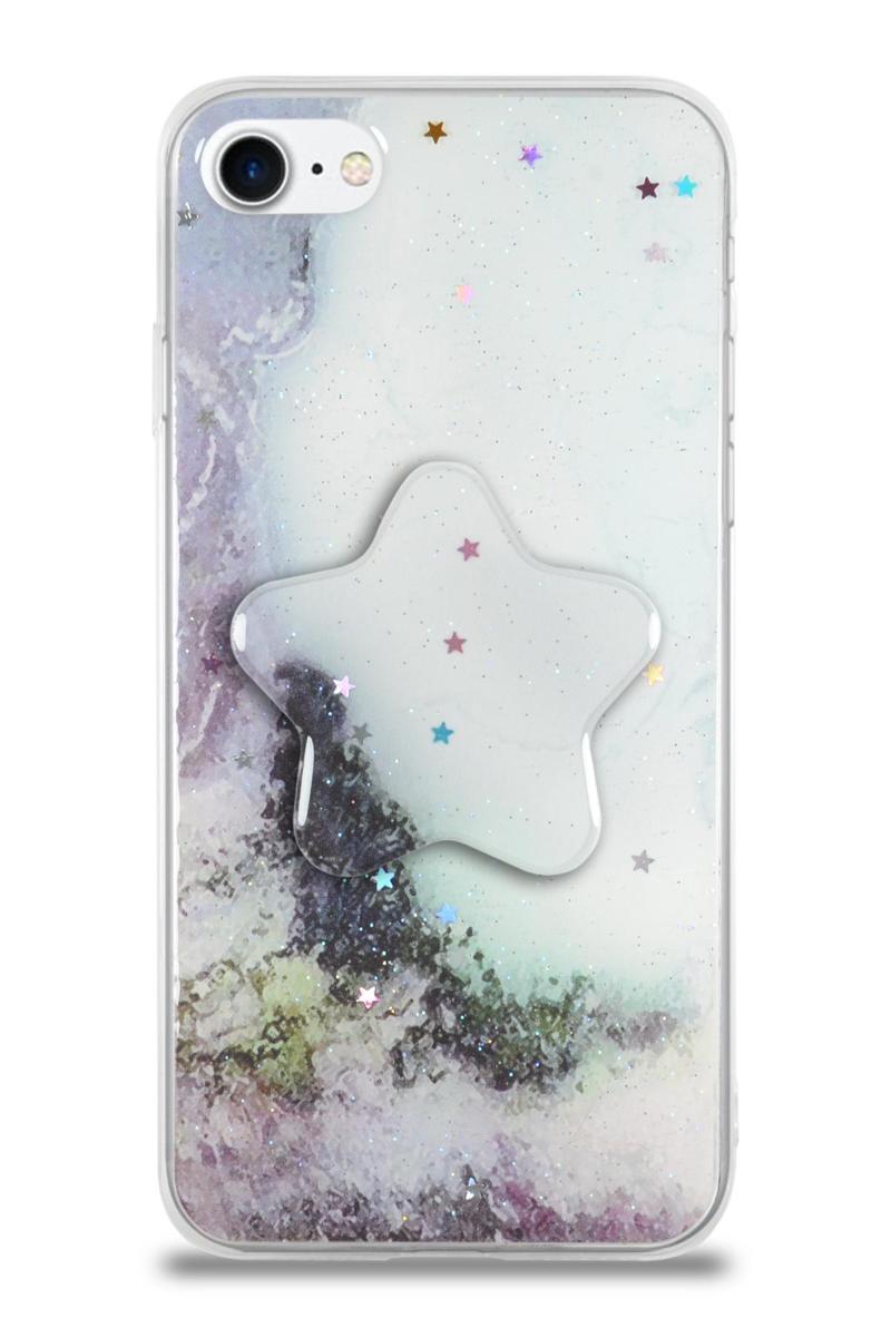 KZY İletişim Apple iPhone 7 Kapak Mermer Desenli Pop Socketli Silikon Kılıf - Beyaz