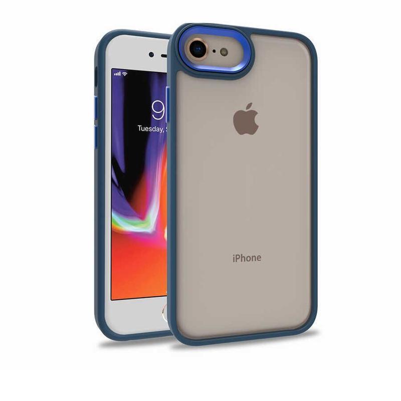KZY İletişim Apple iPhone 7 Kapak Metal Kamera Korumalı Arkası Şeffaf Silikon Kılıf - Mavi