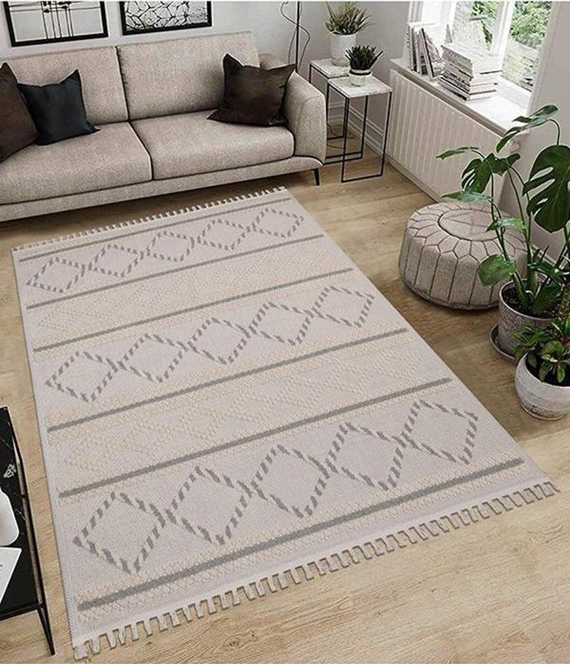 Dekoratif Modern Naturel Kayma Yapmayan Yıkanabilir Pamuk Dokuma Kilim Saçaklı 7014B