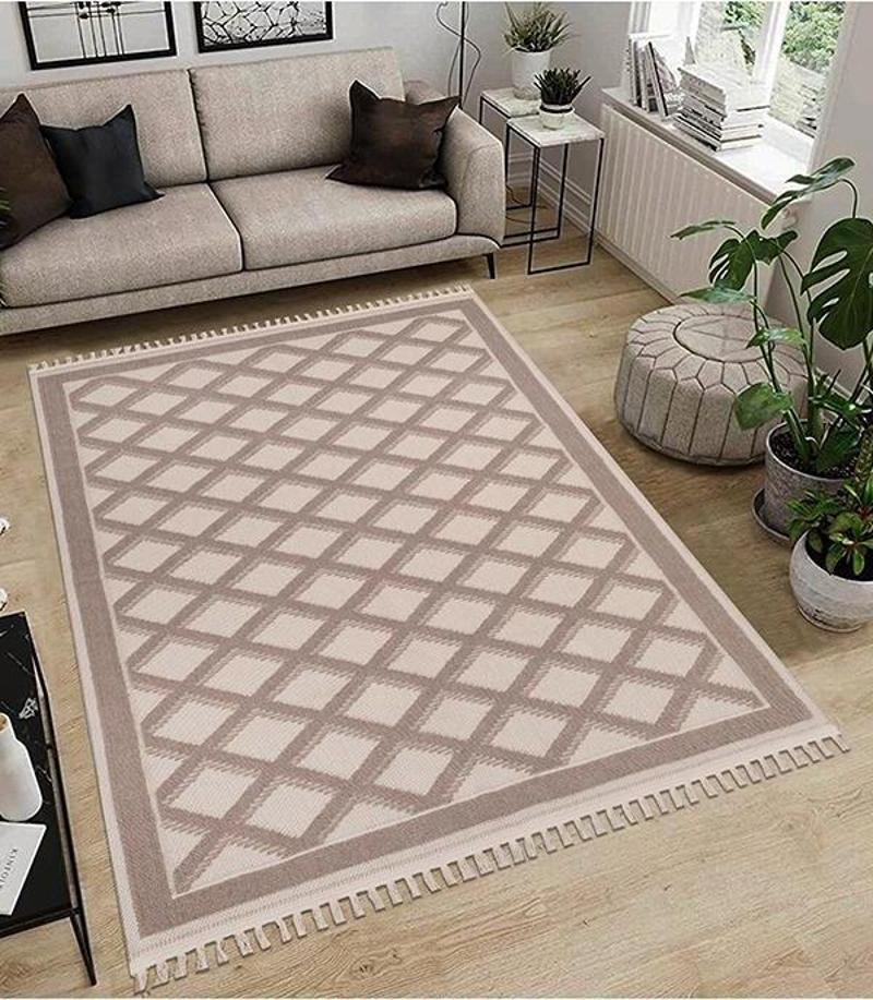 Dekoratif Modern Naturel Kayma Yapmayan Yıkanabilir Pamuk Dokuma Kilim Saçaklı 7015 Vizon