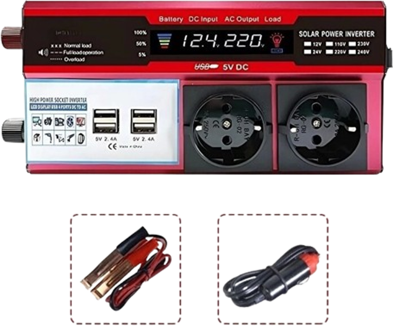 Priz ve Çakmaklık Modifiye Sinüs İnverter Araç ve Güneş Enerjisi Uyumlu 12V 2000W Çift USB Çift Priz ve Çakmaklık