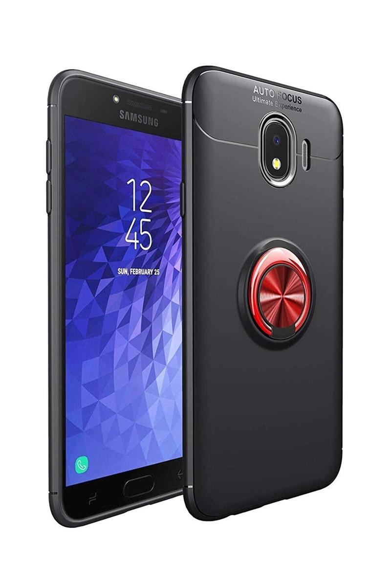 KZY İletişim Samsung Galaxy J4 Kılıf Renkli Yüzüklü Manyetik Silikon Kapak Siyah - Kırmızı