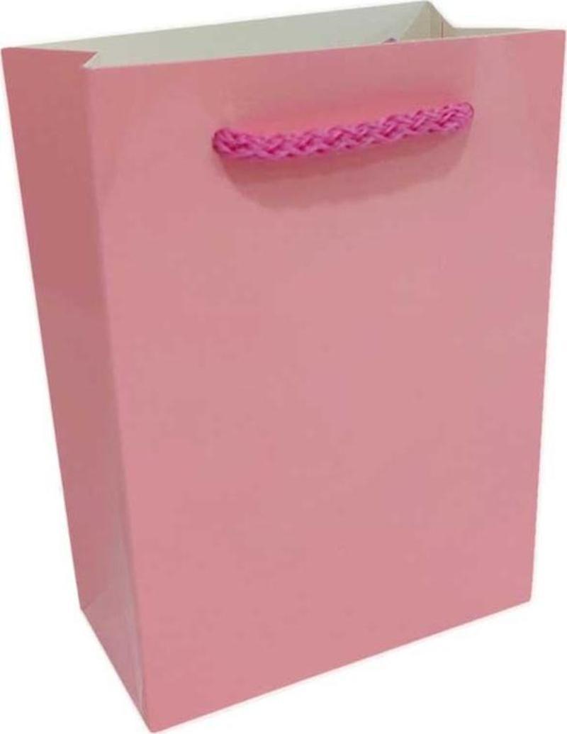 İp Saplı Karton Çanta Minik Boy Düz Renk 13.8X10X5 CM (25 Adet)   Pembe