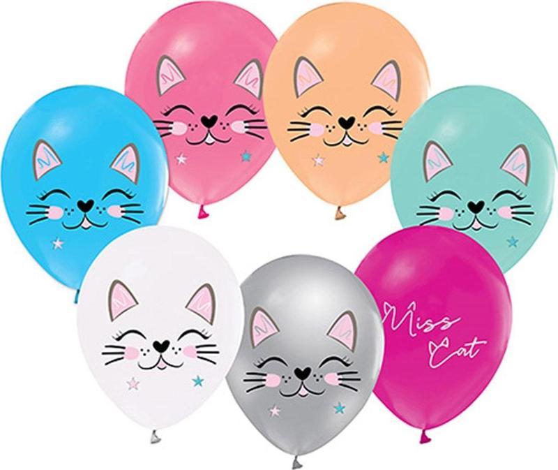 Miss Cat Temalı Pastel Balon Kedi Baskılı Karışık Renk (20 Adet)