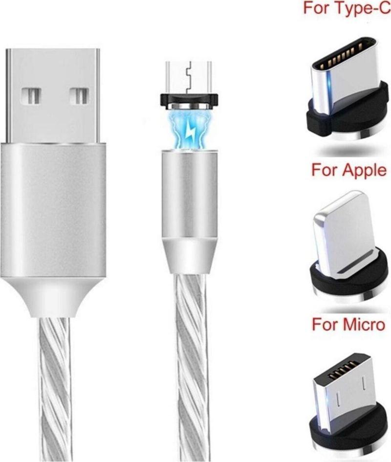 Manyetik Mıknatıslı Şarj Kablosu 3 Başlıklı - Micro Usb/Type-C/Ios