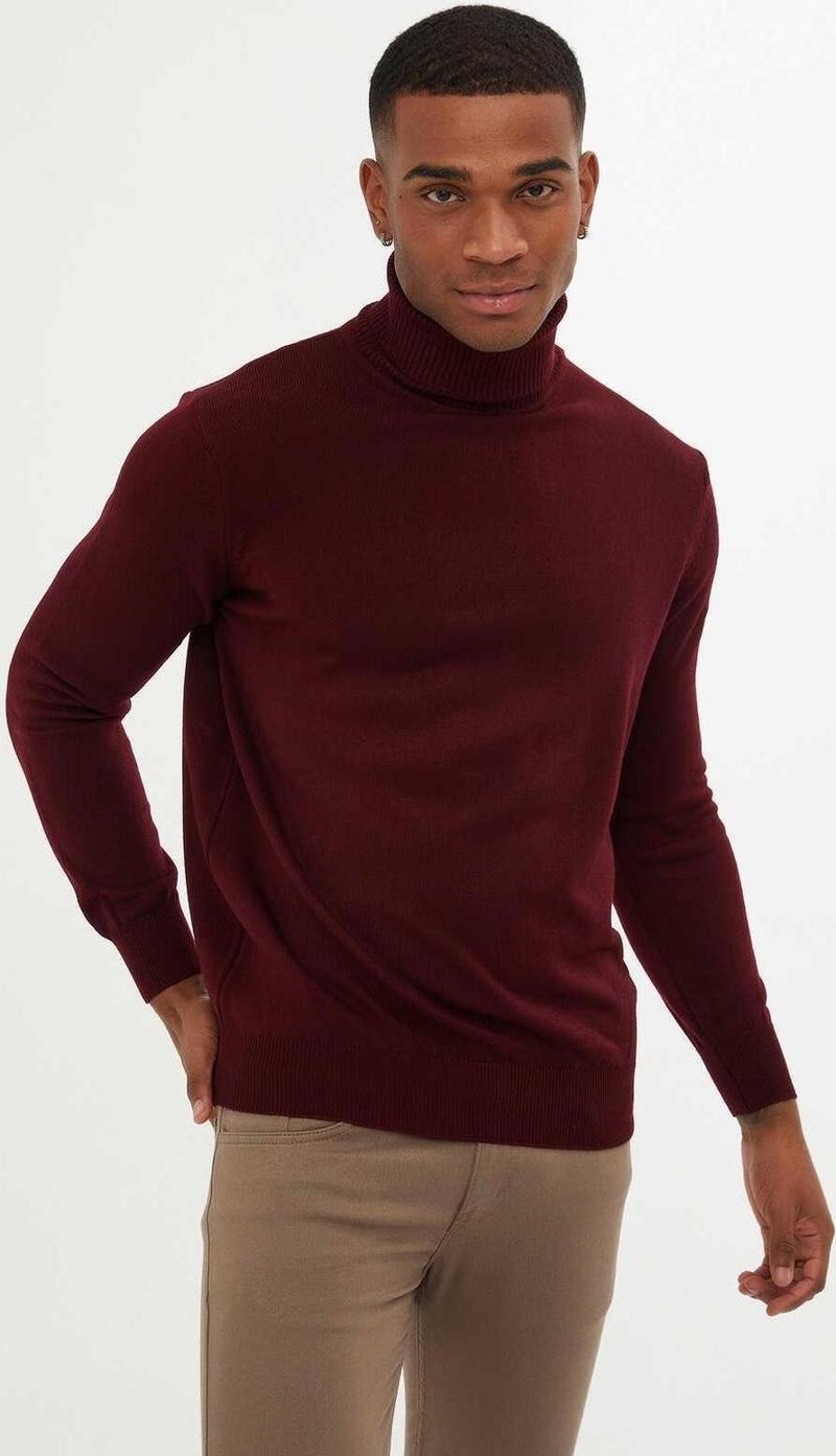 Erkek Slim Fit Bordo Boğazlı Erkek Triko-7041