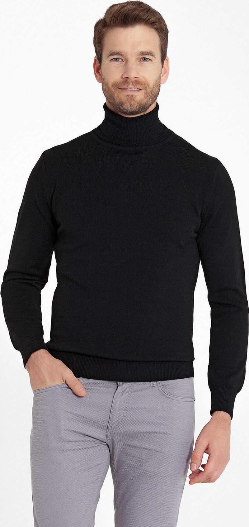 Erkek Slim Fit Siyah Boğazlı Erkek Triko-7042