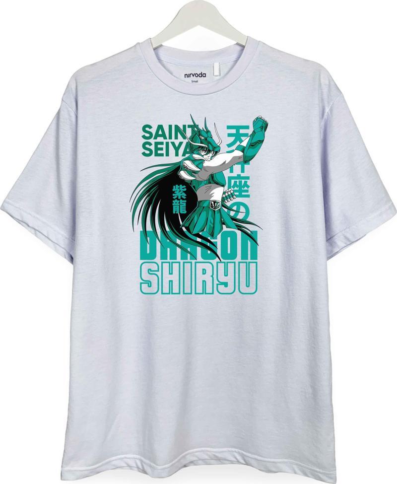 Dragon Shiryu Saint Seiya Baskılı Loose Fit Bisiklet Yaka Unisex Tişört