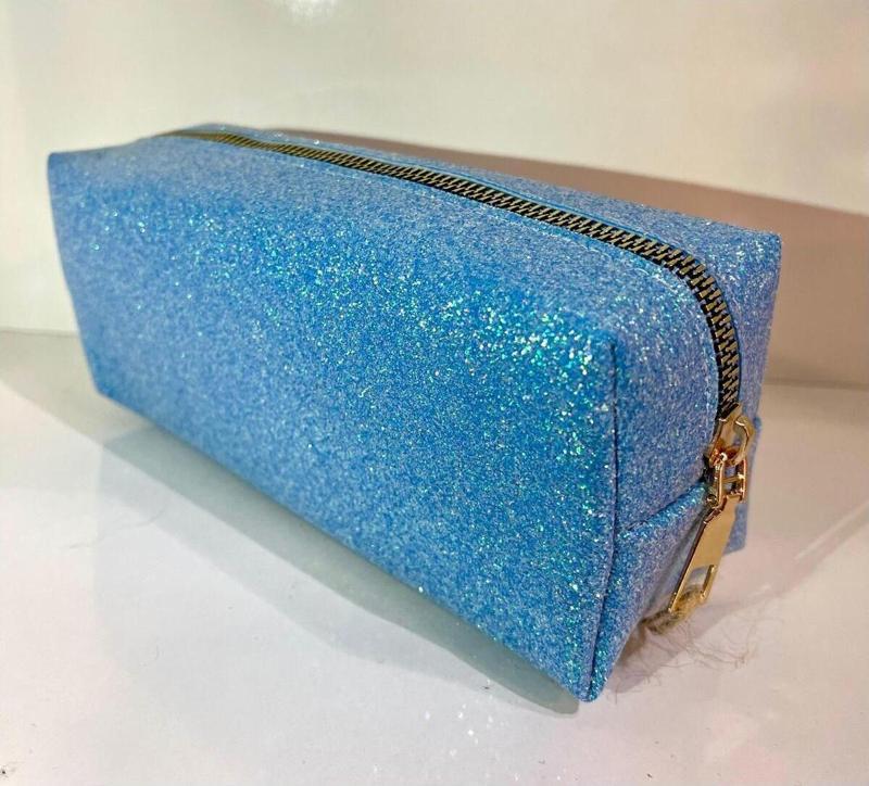 Premium Mavi Simli Çanta Okul Kalemlik Makyaj Çantası Fermuarlı Plaj El Çantası Kalemlik 20x9x6 Cm