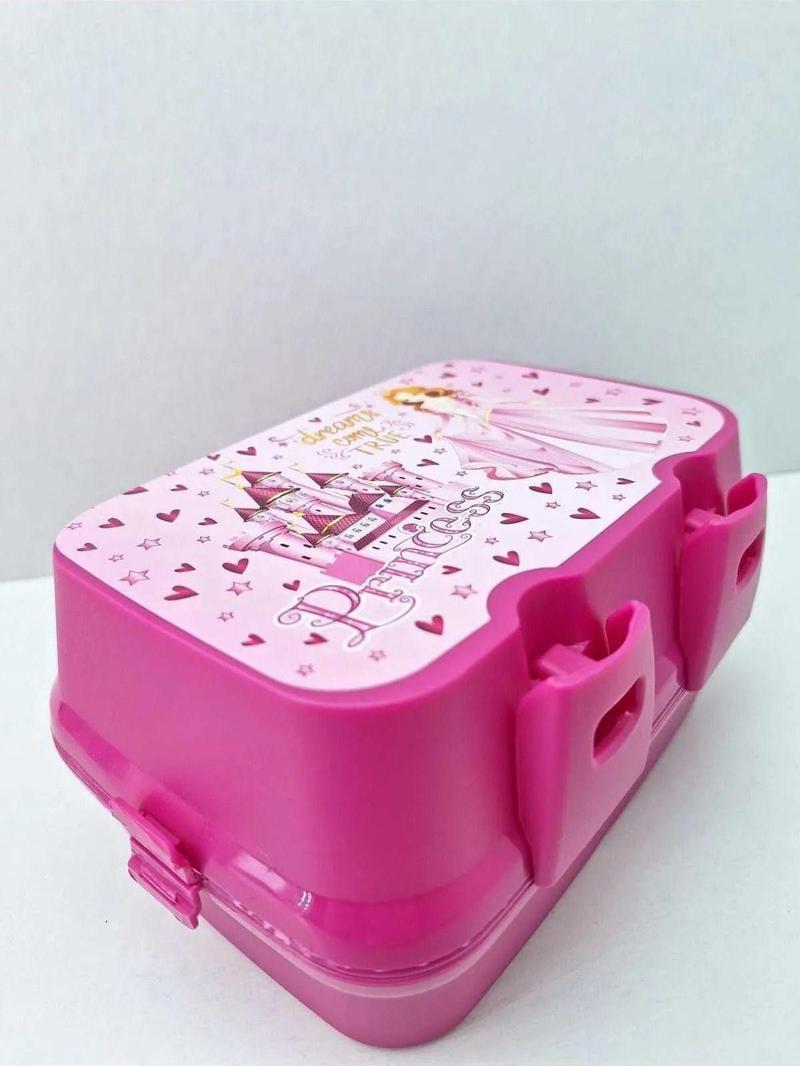 Prenses Desenli Pembe 4 Bölmeli Çocuk Beslenme Kutusu Saklama Kabı Kaşık ve Çatallı Set