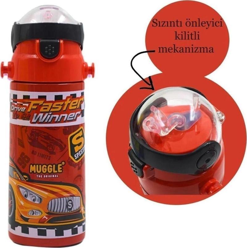 Araba Drive Kırmızı Pipetli Çelik Okul Suluk Matara 550ml