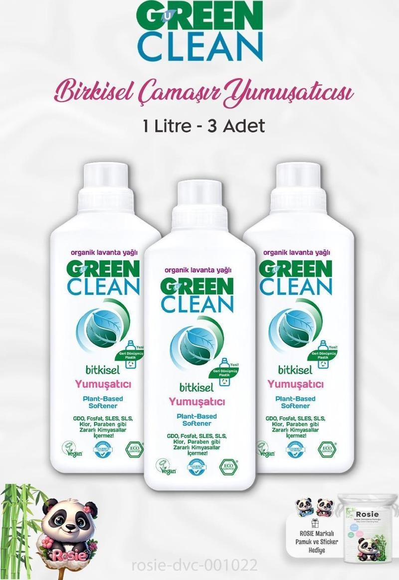 3 Adet Green Clean Bitkisel Çamaşır Yumuşatıcı Lavanta Yağlı 1 lt ve ROSIE