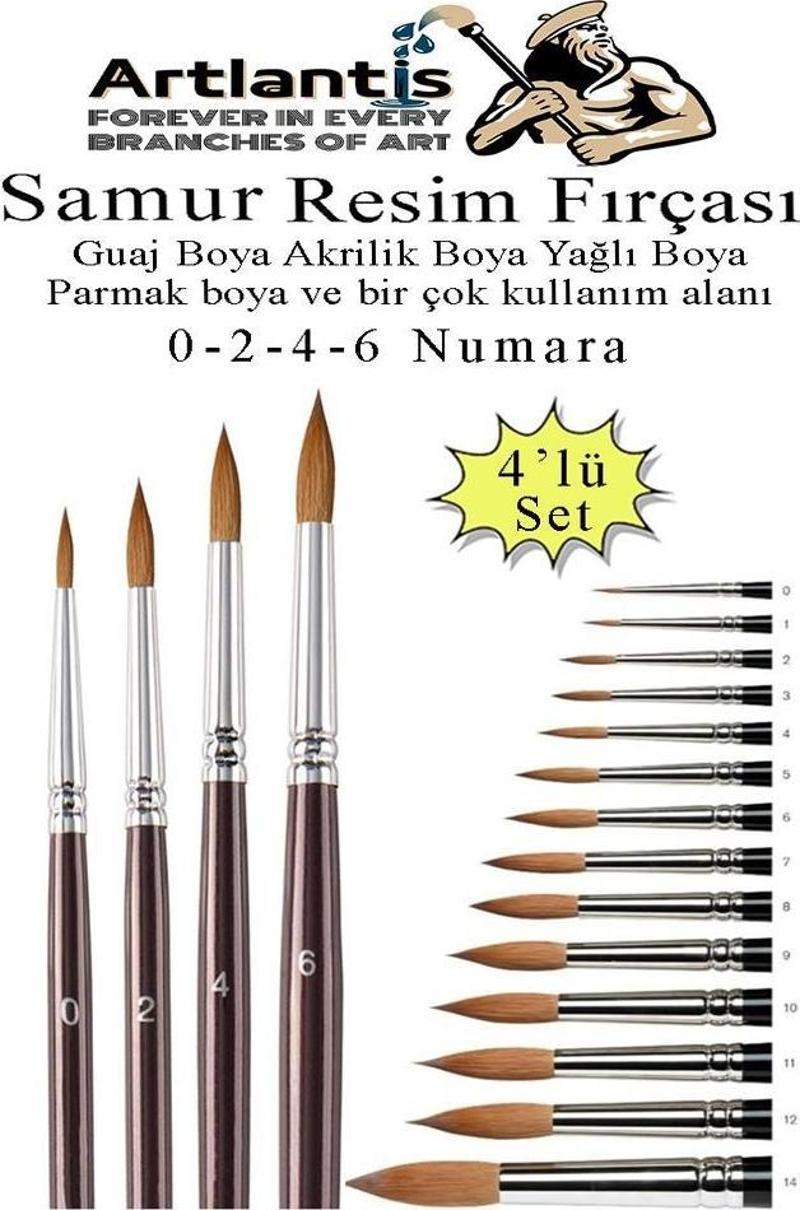 Resim Fırçası 0 - 2 - 4 - 6 Numara 1 Paket 4 lü Samur Yuvarlak Uçlu Fırça Seti Guaj Sulu Akrilik Yağlı Boya Fırçaları