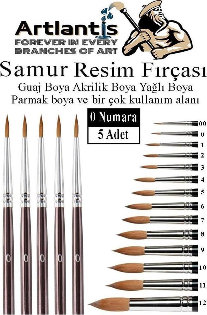 Resim Fırçası 0 Numara 5 li 1 Paket Samur Yuvarlak Uçlu Fırça Seti Guaj Sulu Akrilik Yağlı Boya Fırçaları