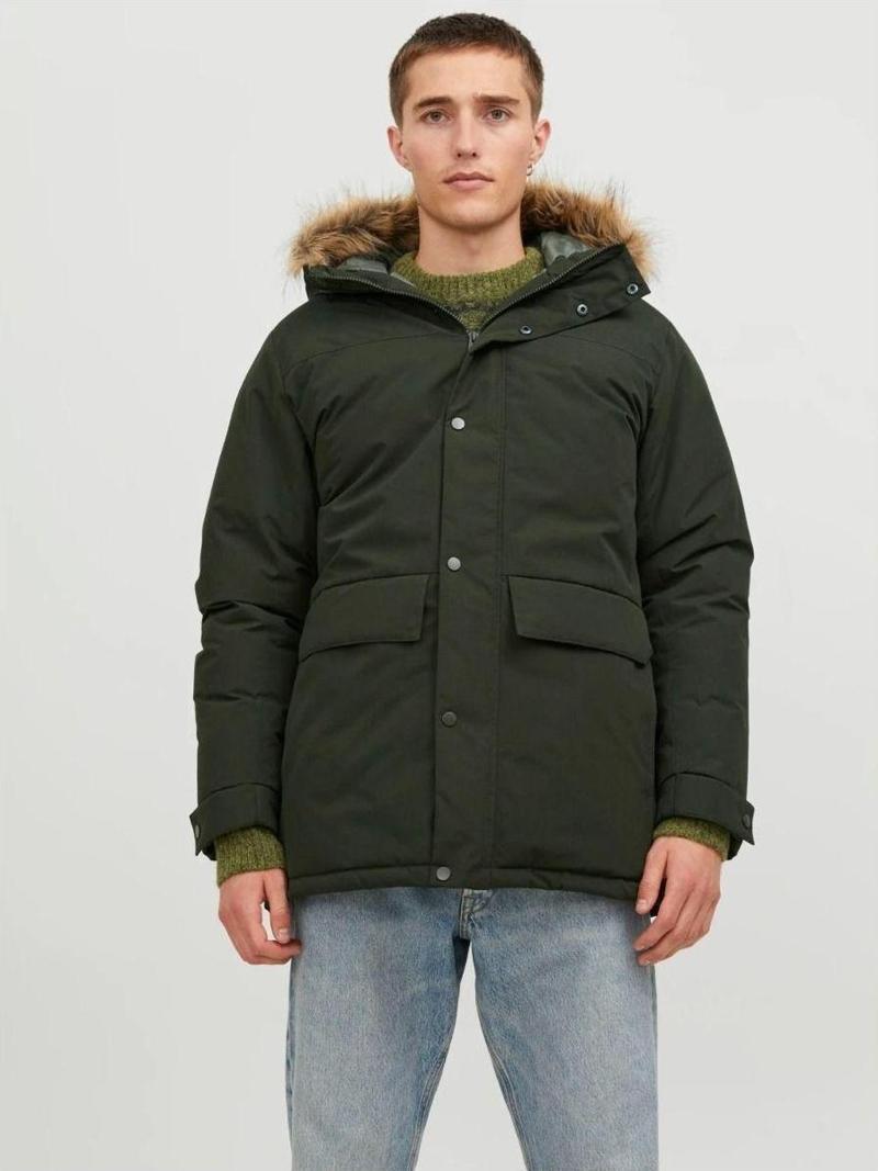 Jack & Jones Jack&Jones Champ Faux Fur Erkek Yeşil Kapüşonlu Mont